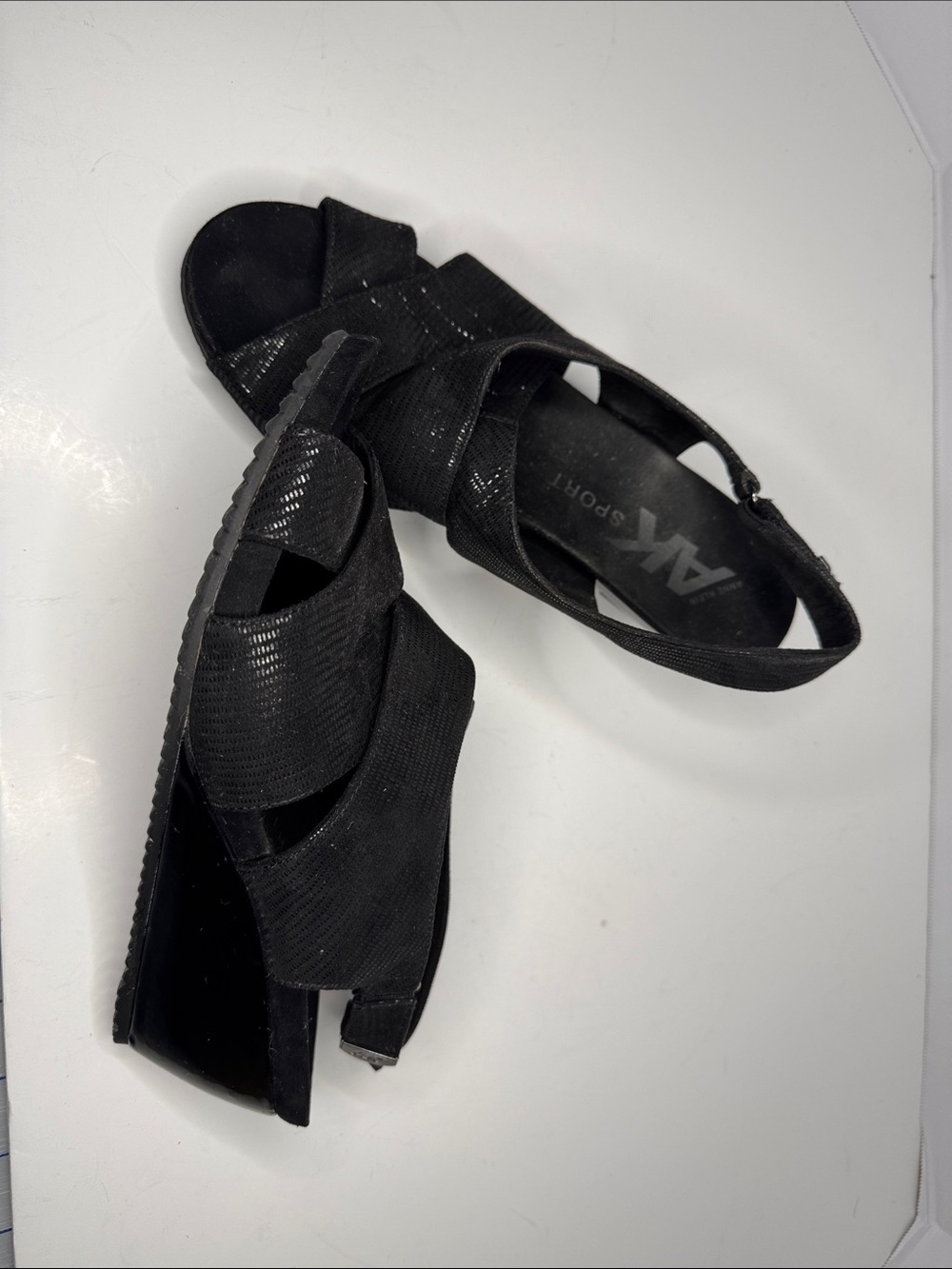 Anne Klein Sport Leather/Suede Black Crisscross Slingback Wedge Sandals